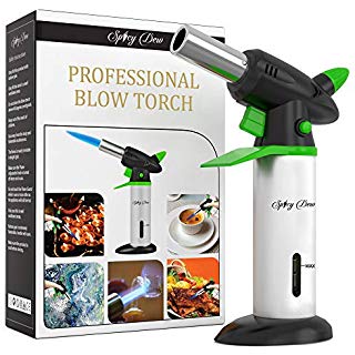 Spicy Dew Blow Torch - Creme Brulee Torch - Refillable Professional Culinary Kitchen Torch with Safety Lock and Adjustable Flame - Micro Butane Torch with Fuel Gauge - Cooking Food Torch